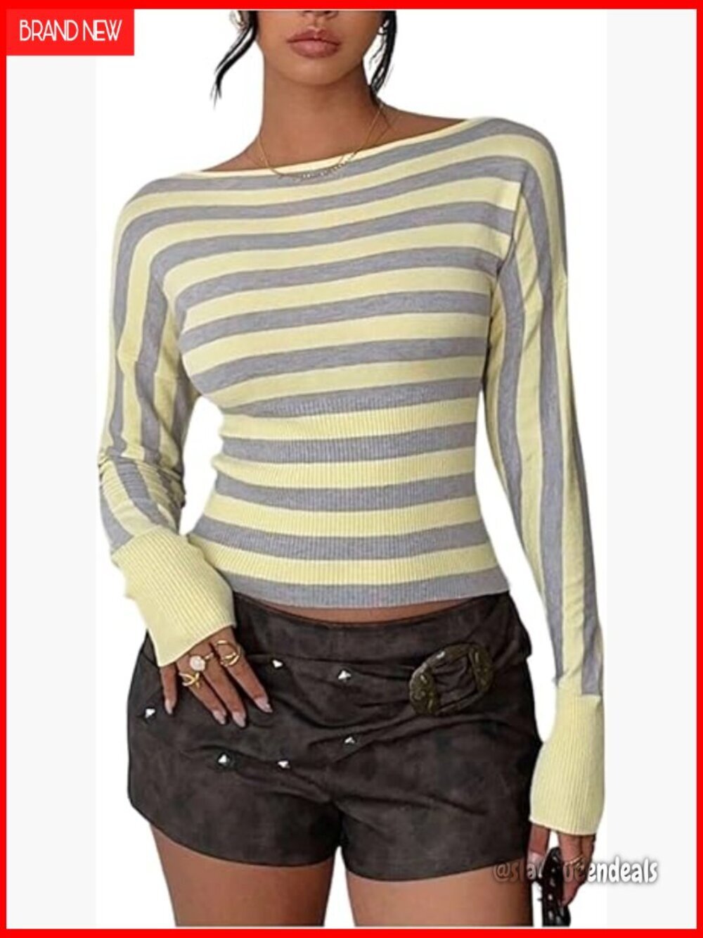 Striped Crop Top Sweater Long Sleeve Boat Neck Knitted Pullover Women's
